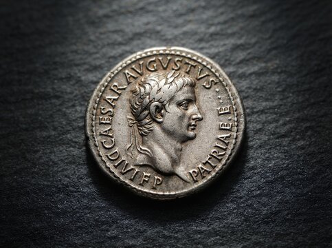 Ancient Roman silver coin featuring Emperor Augustus profile and Latin inscription.