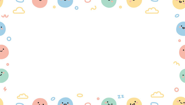 Cute white children border frame decorated with colorful smiling circular characters and little clouds.