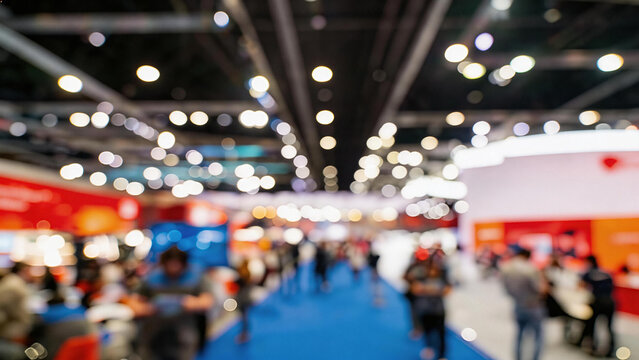 Blurred shot of a busy indoor exhibition hall, with attendees moving between booths under bright ceiling lights.