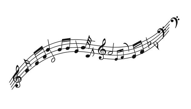 Flowing wave of musical notes on a five-line staff with treble and bass clefs representing classical music and audio harmony.