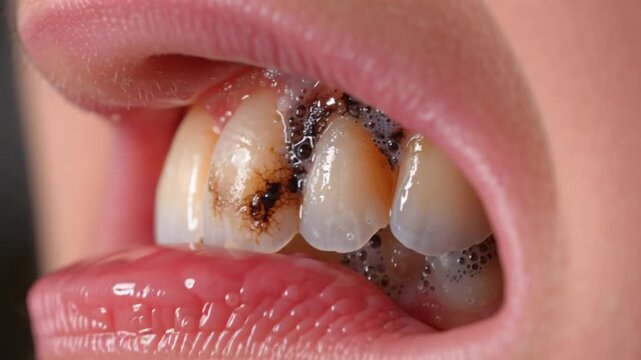 Close up of human teeth with severe dental decay and plaque buildup requiring dental care.