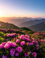Obraz premium Vibrant pink rhododendron flowers bloom on a mountainside at sunrise.