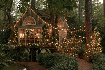 Fototapeta premium Christmas hideaway forest dwelling with lights and greenery