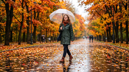 Obraz premium Young woman strolls with a clear umbrella on a wet autumn park path adorned with vibrant orange and yellow fallen leaves after a refreshing rain creating a beautiful reflective surface and