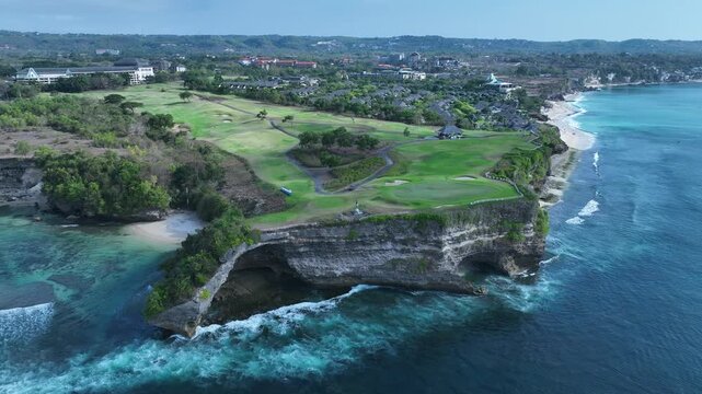 Aerial view of natural landscape of Kubu beach and cliff in Bali island, Indonesia