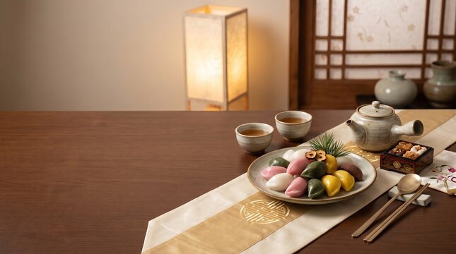 Korean rice cakes songpyeon on a plate with tea set for holiday
