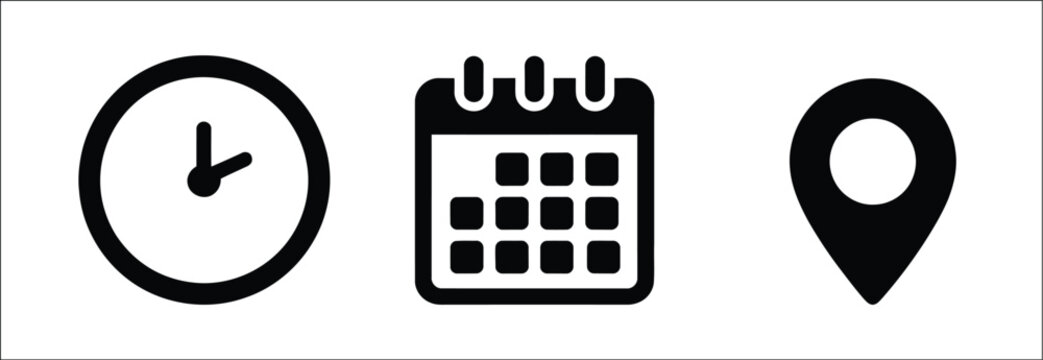 Time date and location vector icon set, calendar watch and map marker symbols for invitations, events, appointments and venue information