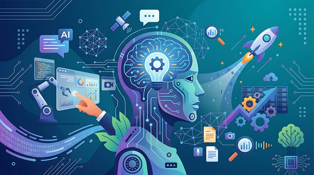 Futuristic vector illustration of human head with glowing digital brain, gears, and neural network. Surrounded by AI technology elements like robot arm, drone, rocket, satellite, DNA, data graph, pred