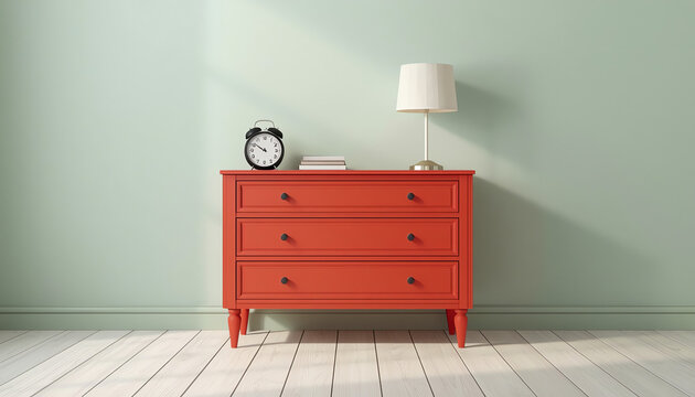 Red chest of drawers with clock and lamp near color wall 