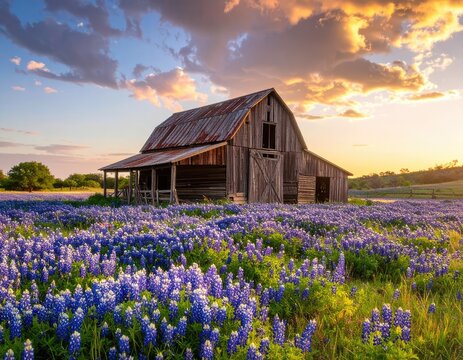 A rustic barn stands amidst a vibrant field of bluebonnets under a dramatic sunset sky.