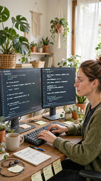 Female Software Developer Writing Code Across Dual Computer Monitors in Bright Plant Filled Home Workspace