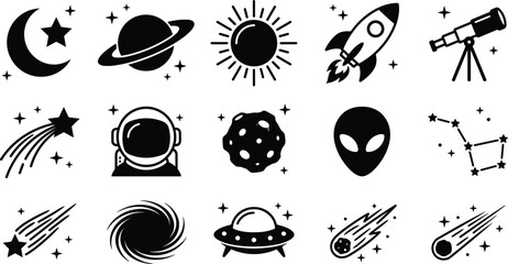 astronomy vector icon set crescent moon planet saturn sun rocket telescope shooting star astronaut helmet asteroid alien constellation blacteor.eps © MdAzahar