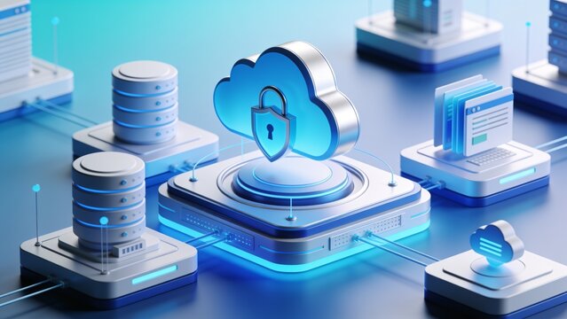 Isometric 3D illustration of cloud data security system