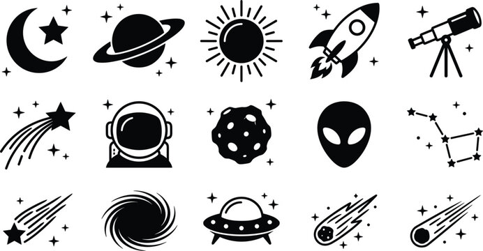 astronomy vector icon set crescent moon planet saturn sun rocket telescope shooting star astronaut helmet asteroid alien constellation blacteor.eps
