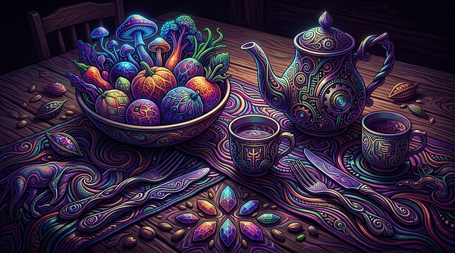 Psychedelic digital art of a rustic kitchen table flatlay with glowing mushrooms, neon vegetables, steampunk teapot, and cups on a vibrant fractal patterned tablecloth.