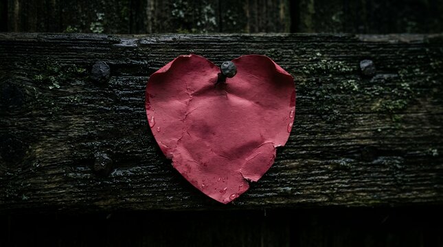 Red heart shaped paper note pinned on dark rustic wooden fence with water droplets, symbol of love or broken heart on weathered timber background.