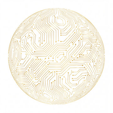 Golden technology sphere with abstract circuit board pattern isolated on white background, luxury digital global network, futuristic microchip globe, and artificial intelligence concept.