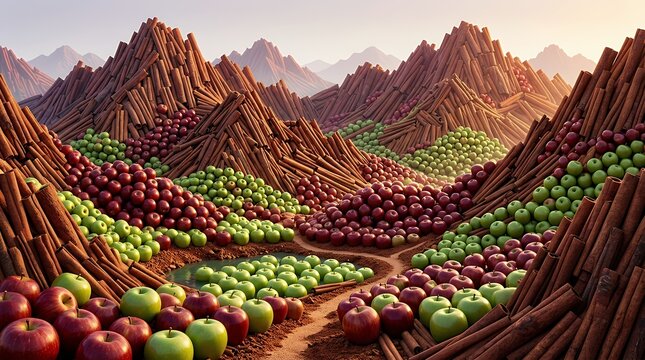 Surreal fantasy landscape featuring mountains made of cinnamon sticks and valleys overflowing with fresh red and green apples.