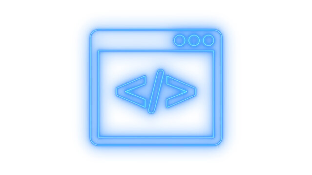 Colorful neon web browser code icon with programming bracket symbols for software development and internet technology isolated on transparent background