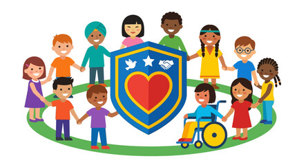 Fototapeta premium Diverse group of children holding hands in a circle around a shield with a heart, symbolizing community, protection, and inclusivity for kids with various backgrounds and abilities