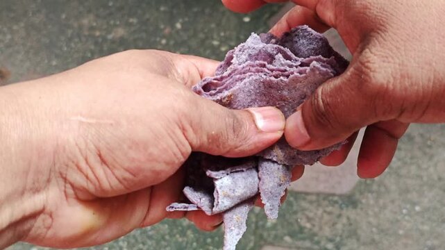 Hands Shredding Red Corn Tortilla Close Up Traditional Food