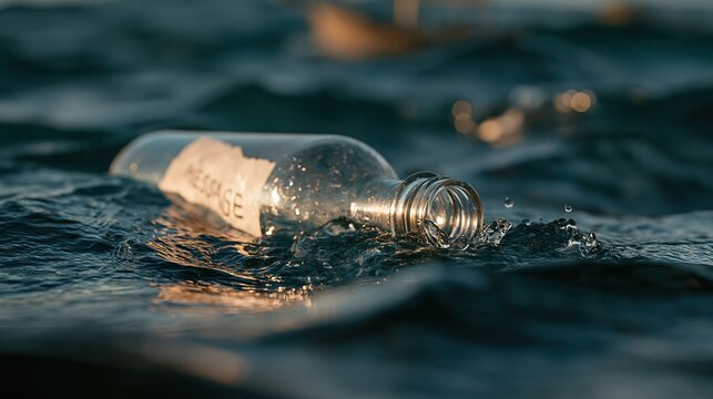 Clear glass bottle with paper message floating on choppy ocean waves, symbolizing hope and communication