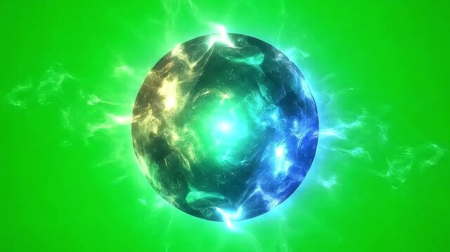 Glowing plasma energy sphere rotating with magical light effects emitting ethereal gaseous wisps against a bright green screen motion footage