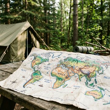 World map spread on a wooden table in a forest campsite with a tent in the background.