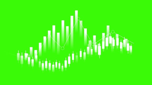 Monochrome financial chart with candlesticks and volume bars animation