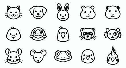 Obraz premium Vector illustration set featuring cute pet animal faces in a simple black and white line art style