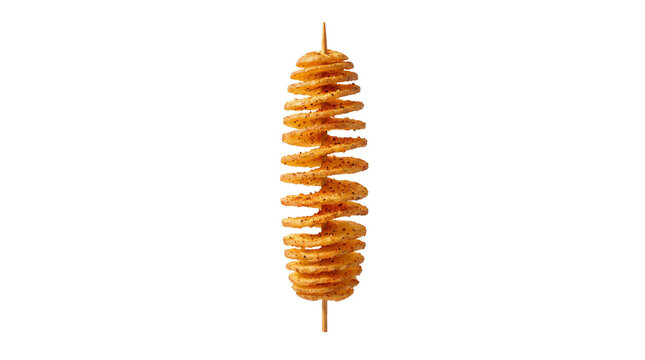 Spiral tornado potato on wooden skewer, golden fried twisted potato chip, crispy street food snack isolated on white background
