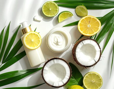 A still life composition featuring cosmetic products and tropical ingredients like coconut, lemon, and lime, along with palm leaves.