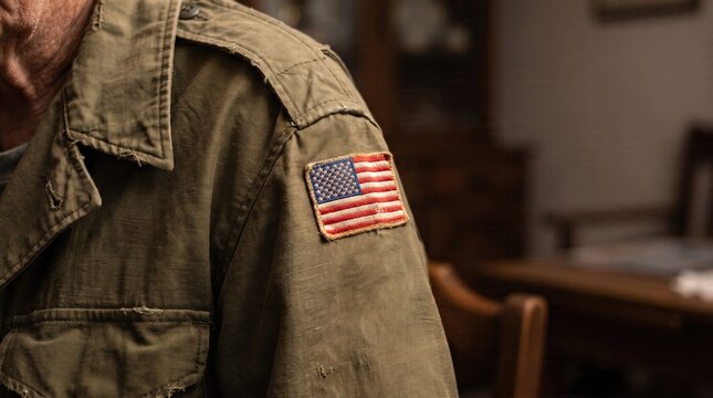 A close up view of an elderly veteran wearing a military camouflage jacket for veteran day celebration