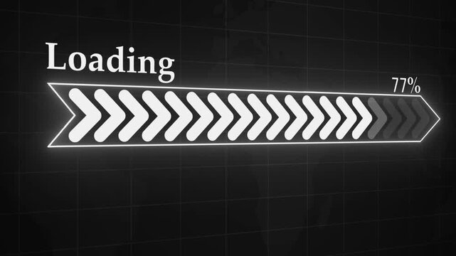 Glowing loading progress bar percentage on a dark digital background animation, showing a technology interface with arrows and a simple futuristic design