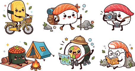 Fototapeta premium Cute Sushi Mascot Character Illustration Set Featuring Kawaii Cartoon Sushi Traveling Camping Riding Bicycle Hiking Reading and Taking Photos Vector Sticker Icons