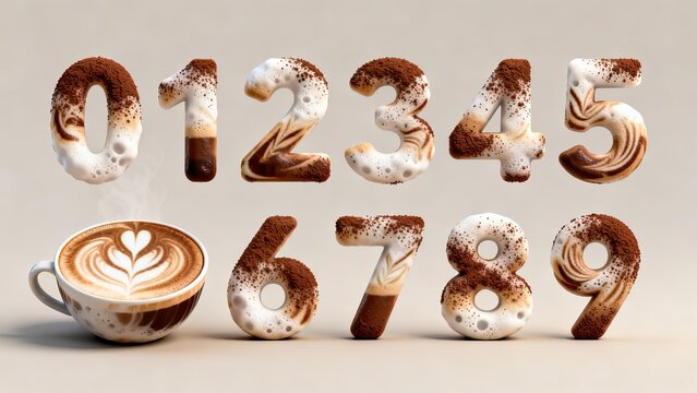 3D dimensional coffee latte art texture numbers 0 to 9 on light background, silky liquid typography with milk foam and cocoa powder, suitable for cafe and dessert theme layout.