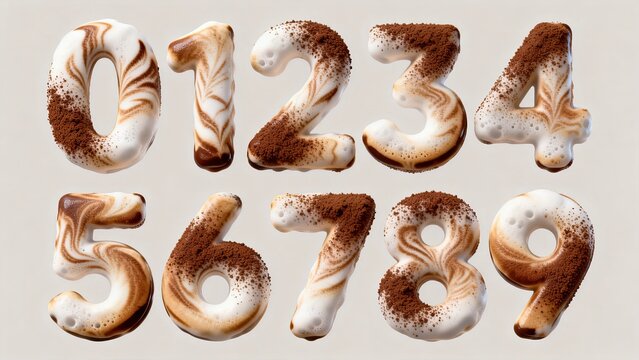 3D dimensional coffee latte art texture numbers 0 to 9 on light background, silky liquid typography with milk foam and cocoa powder, suitable for cafe and dessert theme layout.
