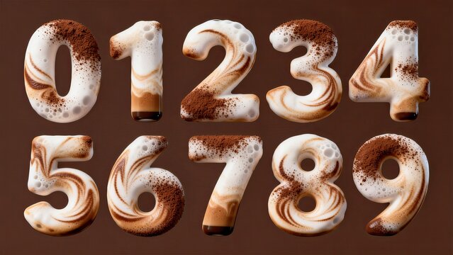 3D dimensional coffee latte art texture numbers 0 to 9 on light background, silky liquid typography with milk foam and cocoa powder, suitable for cafe and dessert theme layout.