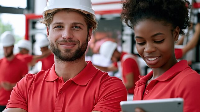 Diverse team of construction workers in hard hats and red shirts collaborating on a project with a tablet