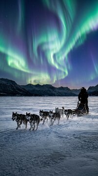 Team of sled dogs racing across frozen fjord winter landscape