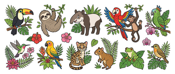 Fototapeta premium Cute Jungle Animals and Tropical Plants Collection
