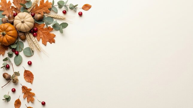 Autumn border with pumpkins and colorful fall leaves for thanksgiving background