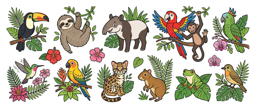 Cute Jungle Animals and Tropical Plants Collection
