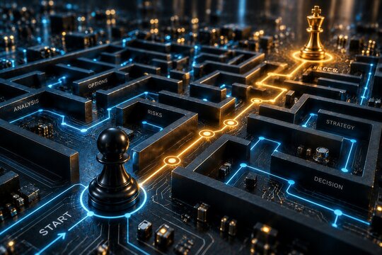 Chess pawns and king navigating a digital maze with strategy and decision making concept