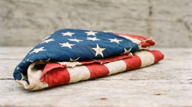A folded american flag resting on a rustic wooden surface for a solemn veteran day tribute background
