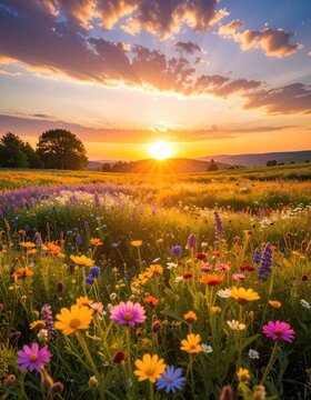 A vibrant meadow bathed in the golden light of a setting sun.