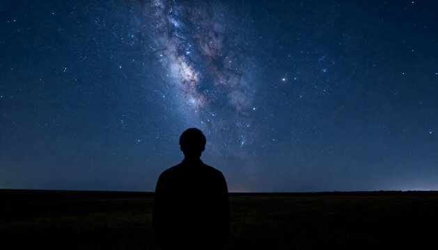 A lone person gazing at the spectacular Milky Way and starry sky, deep in contemplation.