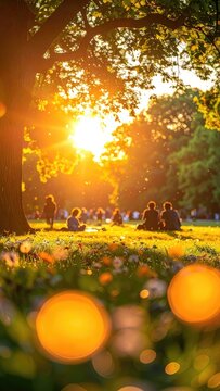 People enjoy a sunny afternoon in a park with golden sunlight filtering through trees.