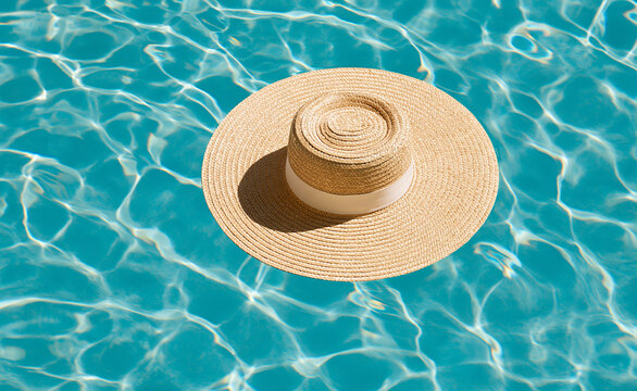 Straw hat floating on turquoise pool water, summer