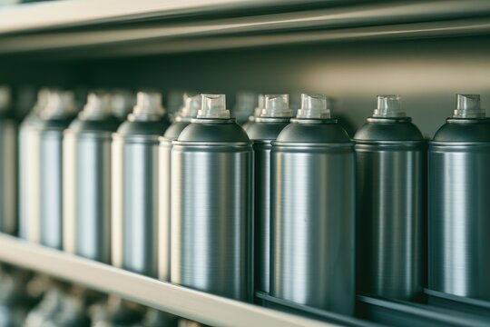 Row of identical silver spray paint cans lined up on a shelf.